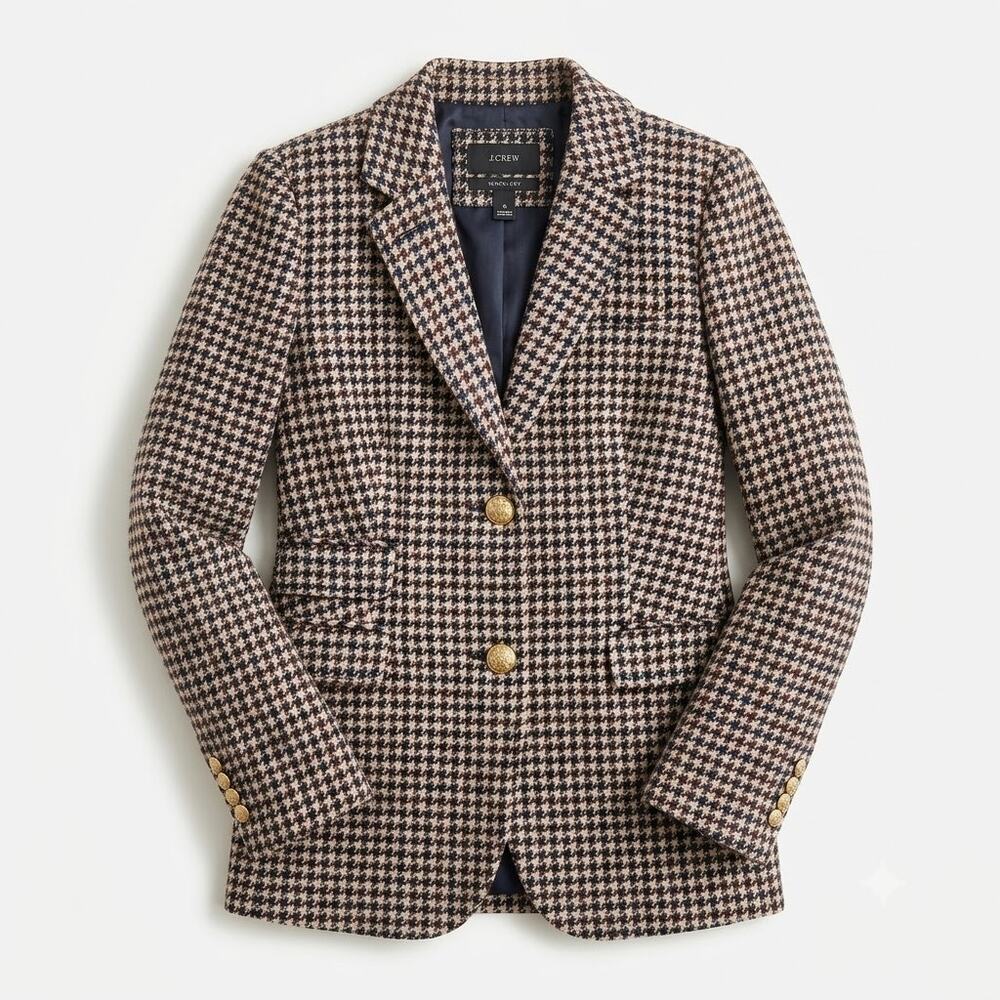 J CREW Tweed Schoolboy Blazer Brown Houndstooth 100% Wool Gold Buttons Womens 8